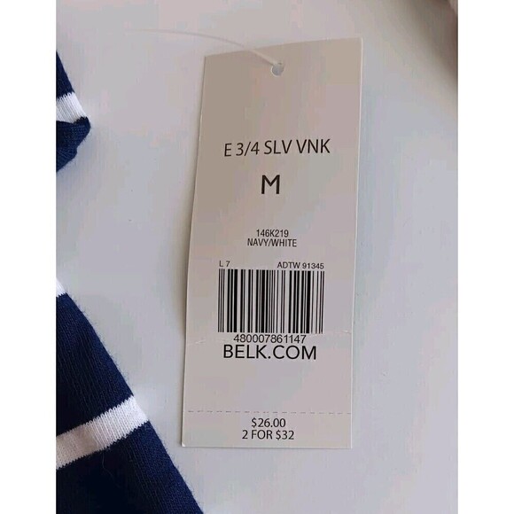 NWT Kim Rogers Women's Size M Navy/White Striped 100% Cotton 3/4" Sleeve Tee - Picture 8 of 8